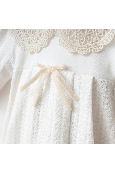 PefyBaby Baby Girl 5-Piece Hospital Release Outfit, 100% Cotton, Lace Collar, Bow, Hat Newborn Set Natalia Ecru