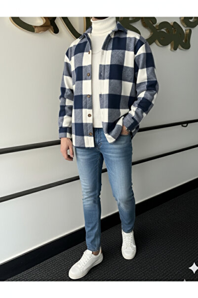 A&O Style Тъмносиня мъжка поларна блуза с дебел кариран десен и тясна кройка