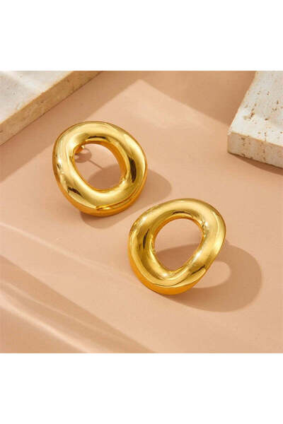 Pursehuit Gold-colored earrings, stainless steel, wavy, oval shape, blown wit...