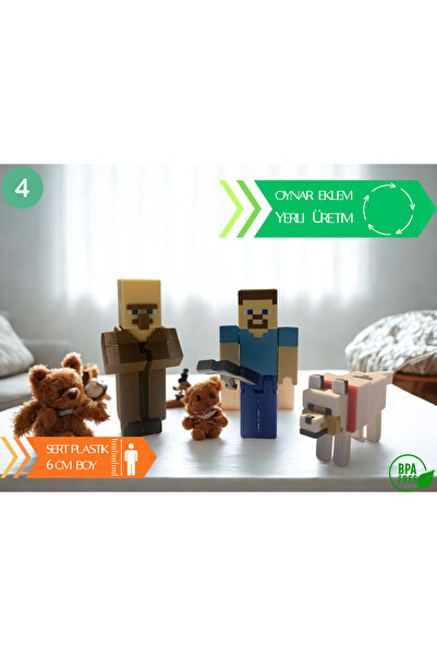RoRoToys Minecraft Tarzı Mini Figür Seti 3’lü (Steve, Köylü, Kurt)