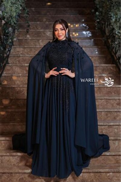 WAREEF FASHION Navy blue evening dress with a back wing that covers the shoulders