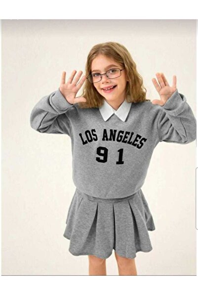 EFSACE Girl's Gray Skirt Suit - Los Angeles Printed Sweatshirt and Pleated Skirt