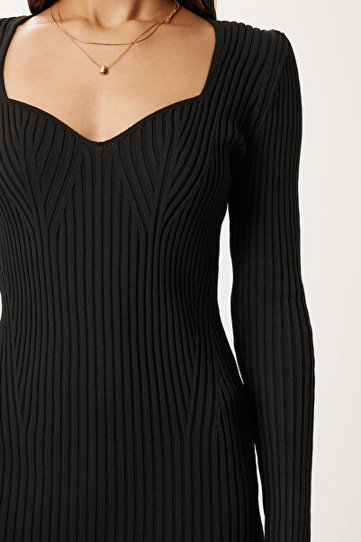 Lovelyİstanbul Kalp Yaka Esnek Midi Triko Elbise LDM0011 SİYAH