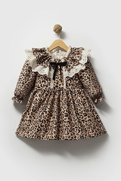 Magu Κοριτσίστικο φόρεμα από βαμβακερό λεοπάρ με δαντέλα - Λεπτομέρεια με βολάν στο γιακά και κορδέλα