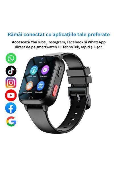 TehnoTek Kids Smartwatch GPS 4G, Super AMOLED, HD Camera, Video Calls, Heart Rate - Black