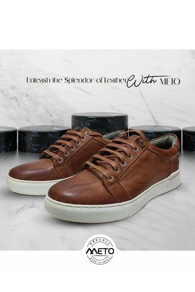 Meto حذاء رياضي كاجوال برباط من الجلد الطبيعي بلون البندق