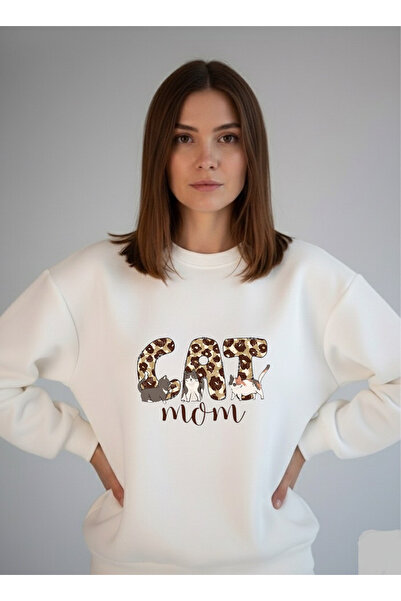 LORVEX Dukserica Oversize kroj Unisex bela okrugla kragna mačka Majka Štampano