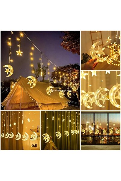 Generic Ramadan decorations, illuminated with crescent moon and stars in various shapes, warm yellow color, electric operated.