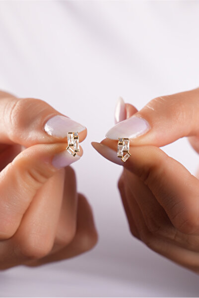 SUNSHINE 925 Ayar Gümüş , Gold Kapmalı 3'lü Baget Taşlı Tasarım Küpe