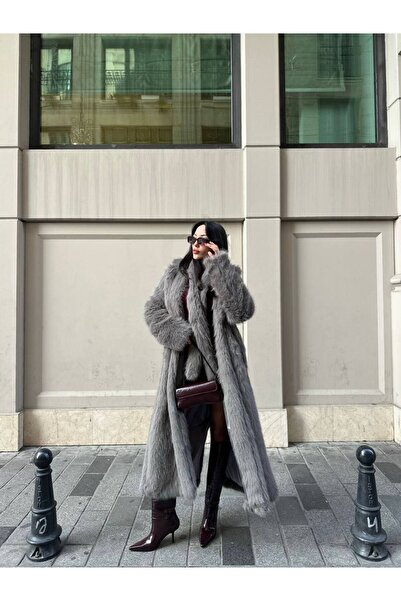 MODAGK Women's Belted Faux Faux Fur Coat Long-Grey