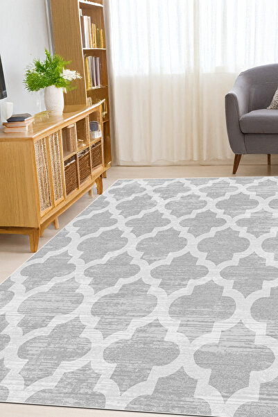 Halise Home Fas Desenli Gri Renk Eskitme Kaymaz Tabanlı Yıkanabilir Baskılı H...