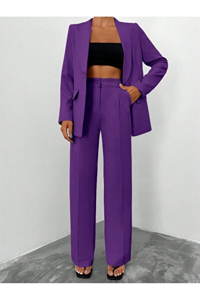 Papillon Tekstil Tek Düğmeli Blazer Ceket Cepli Palazzo Pantolon Takım Elbise