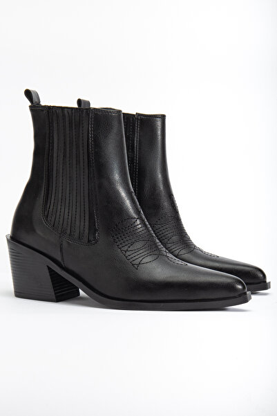 DENORA Siyah Mat Deri Sivri Burun Lastikli Western Kovboy Bot