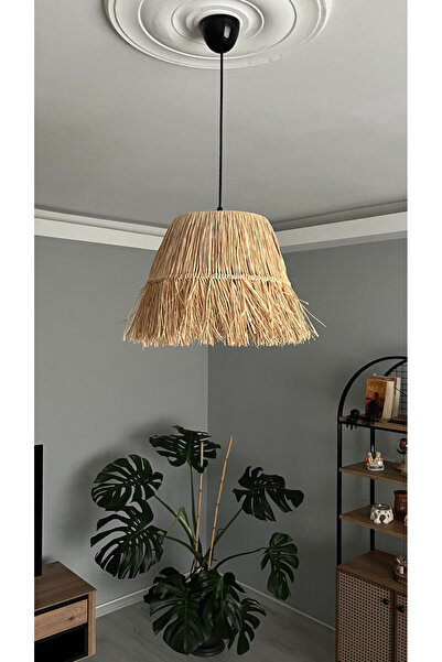 BOHEM SANATIM El Yapımı Saçaklı Rafya Avize Bohem Rustik Avize Kafe, Balkon, Salon Sarkıt Avize (SİYAH DUY)