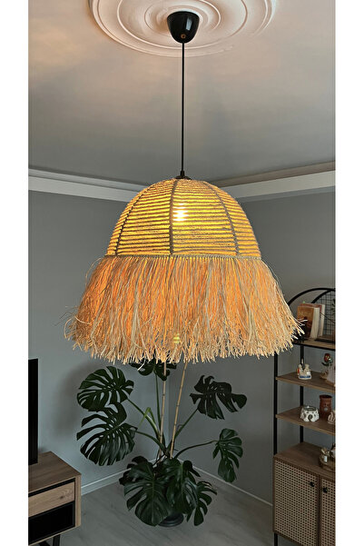 BOHEM SANATIM El Yapımı Saçaklı Jüt Halat Hasır Bohem Rustik Avize Kafe, Balkon, Salon Sarkıt Avize (SİYAH DUY)