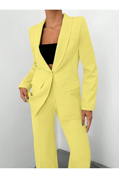 Papillon Tekstil Tek Düğmeli Blazer Ceket Cepli Palazzo Pantolon Takım Elbise