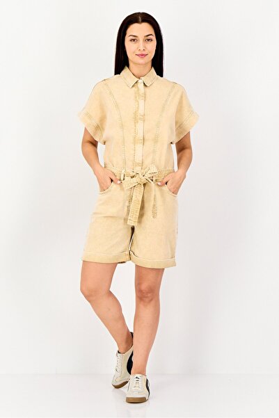 Reiko Women Short Sleeve Washed Denim Jumpsuits, Beige