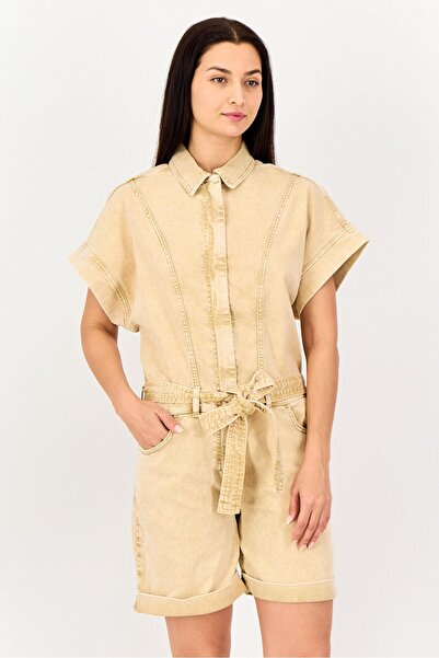 Reiko Women Short Sleeve Washed Denim Jumpsuits, Beige