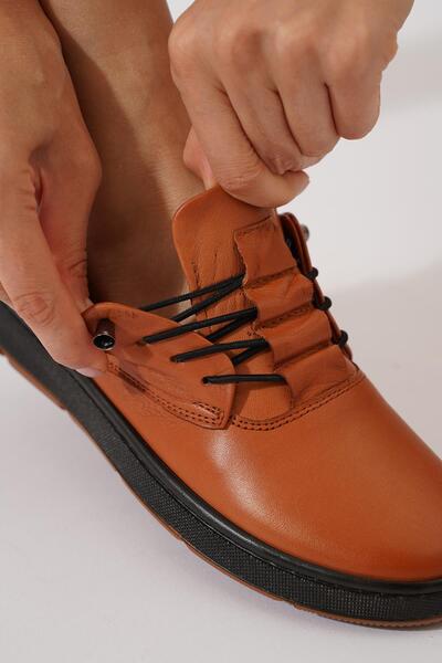 Moda Pie Tande Hakiki Deri Pileli Lastikli Kadın Ayakkabı Taba