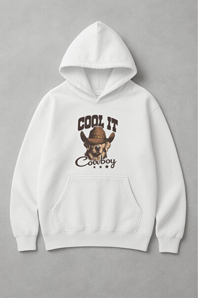 LORVEX Swea alb oversize vintage cu imprimeu Cool It Cowboy, unisex tricou