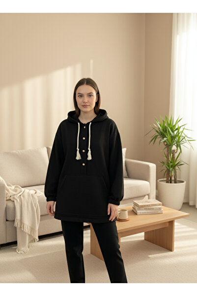 LYVEAN توب من القطن الممشط بثلاثة خيوط مع مبطن بالصوف أزرار قصة فضفاضة