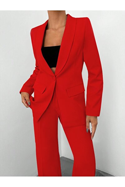 Papillon Tekstil Tek Düğmeli Blazer Ceket Cepli Palazzo Pantolon Takım Elbise