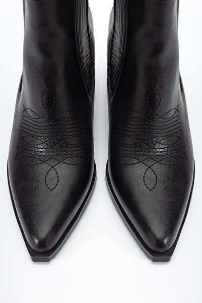 DENORA Siyah Mat Deri Sivri Burun Lastikli Western Kovboy Bot