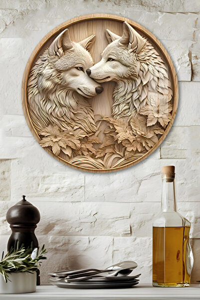 kutuTR 3D Görünümlü Temperli Cam Tablo – Kurt Çifti Temalı Duvar Süsü UV Bask...