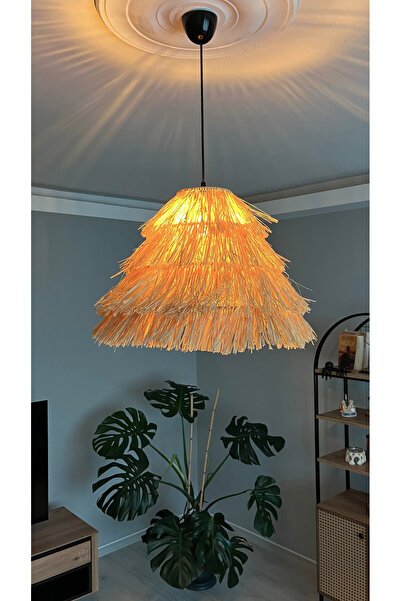 BOHEM SANATIM El Yapımı Saçaklı Rafya Konik Avize Bohem Rustik Avize Kafe, Balkon, Salon Sarkıt Avize (SİYAH DUY)