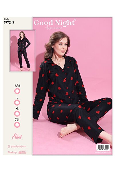 GOOD NİGHT Siyah Kalp Desenli Süet Kadın Pijama Takımı