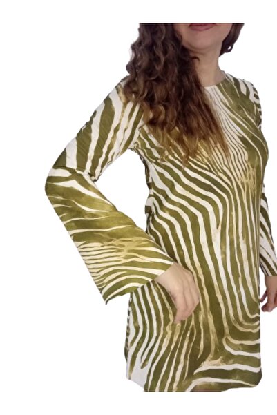 ZY BUTİK Khaki Zebra Patterned Spanish Long Sleeve Short Dress