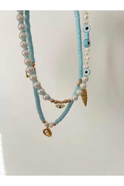 DeNors Pearl Eye Detailed Necklace |   Fimo Beaded Charm Necklace |   Double Necklace Set |   Women's Necklace Combination