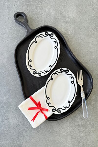 porselenden Bow-Shaped 2-Piece Set, 20 cm Small Size, Porcelain Black Classic Mezelik Boat-Shaped Plate with Ribbon Pattern (2 Pcs)