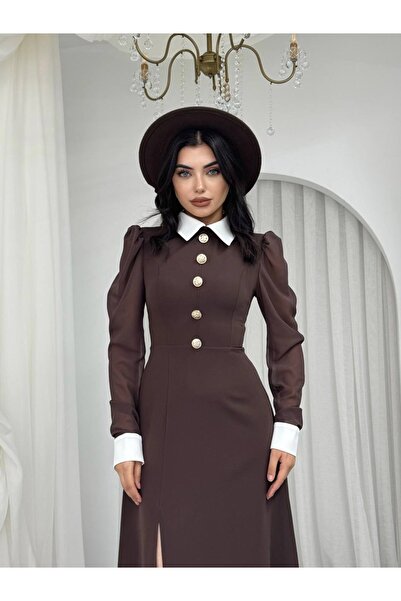 Berf Brown Sleeves Tulle Gold Button Detailed Slit Dress