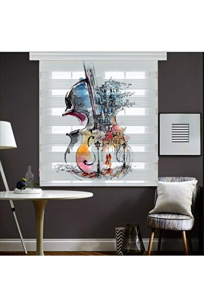 Yznhome Renkli Keman ve Şehir Silüeti Desenli Sanatsal Zebra Perde – YZN-186