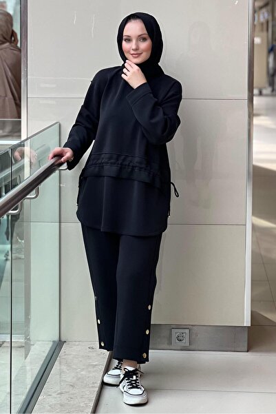 Ghisa Tunik Önü Verev Büzgülü Düğme Detaylı Panolonlu Takım