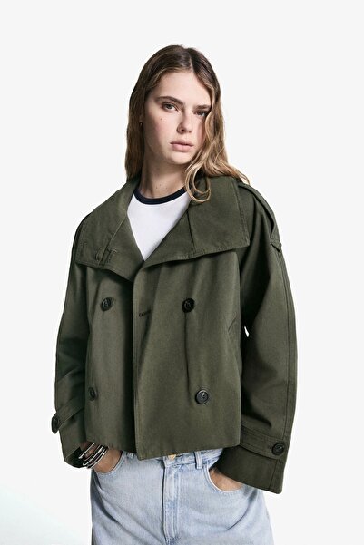 Moderk BSK Model Dik Yaka Arka Rüzgarlık Detaylı Astarlı Kadın Trençkot Ceket Trenç