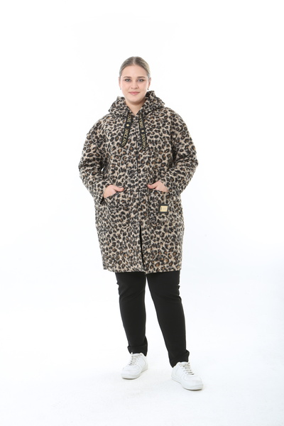 XL Modam Women's Pompon Coat Hooded Large Size Leopard Print Coat