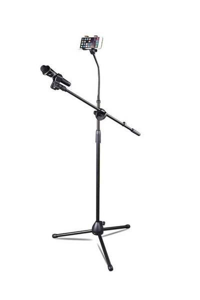 PopZa حامل ميكروفون متعدد الأغراض مع حامل هاتف - ذراع ذراع قابل للتعديل للأرض...