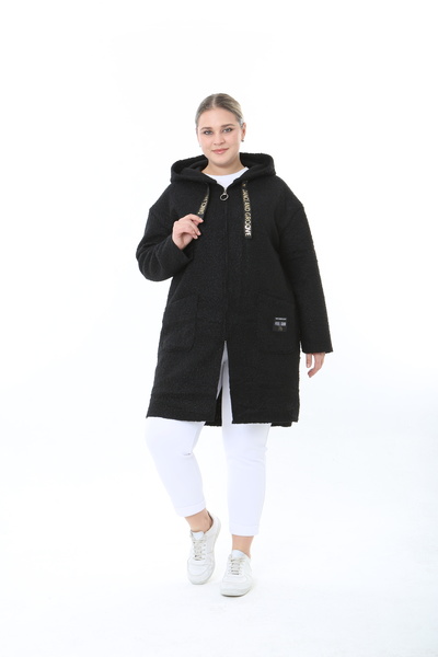 XL Modam Women's Pompon Coat Hooded Large Size Black Coat