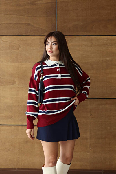 YMZlife Pulover damă cu dungi și guler tip polo