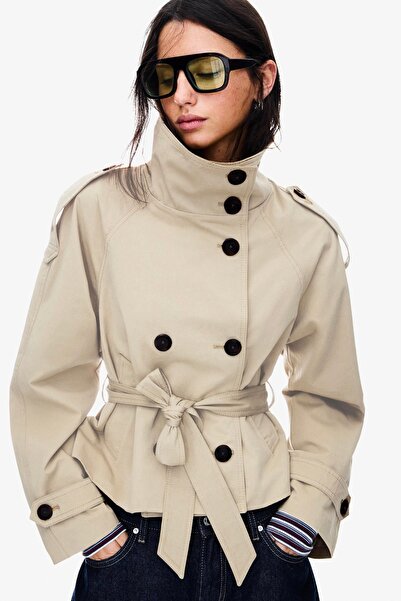 Moderk BSK Model Dik Yaka Arka Rüzgarlık Detaylı Astarlı Kadın Trençkot Ceket Trenç