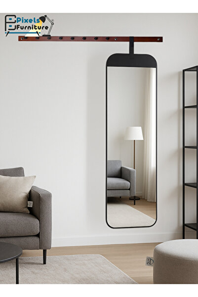 PixelsFurniture Wooden wall-mounted shelf with mirror and 8 clothes hooks from Pixel Furniture, 135*40*120cm