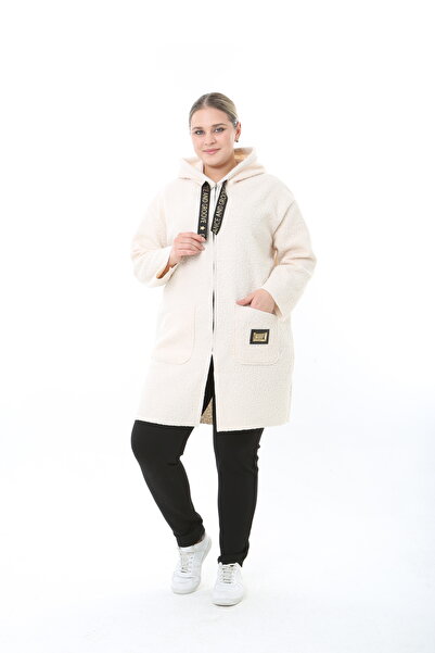 XL Modam Black Pompon Kaşe K Hooded Large Size Coat