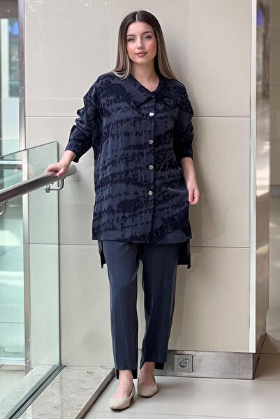 Mahal Crochet Knitwear Asymmetrical Front Detailed Shirt Pants Set