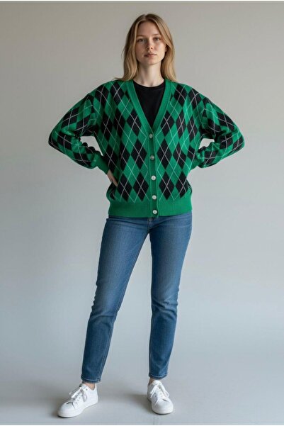 EREN STYLE Fleece-Lined Cotton Baklava Pattern Cardigan