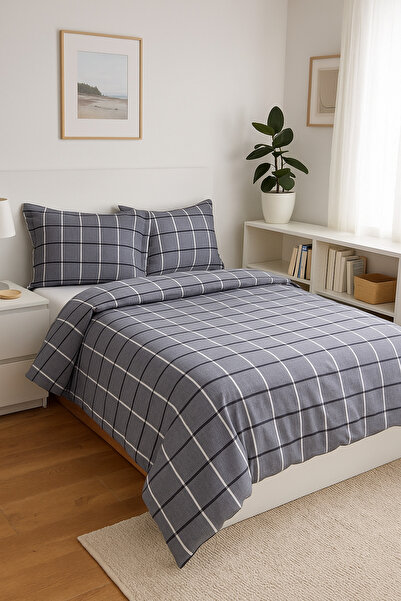 NİLYA Tek kişilik antrasit ekoseli nevresim takımı (çarşaflı settir)