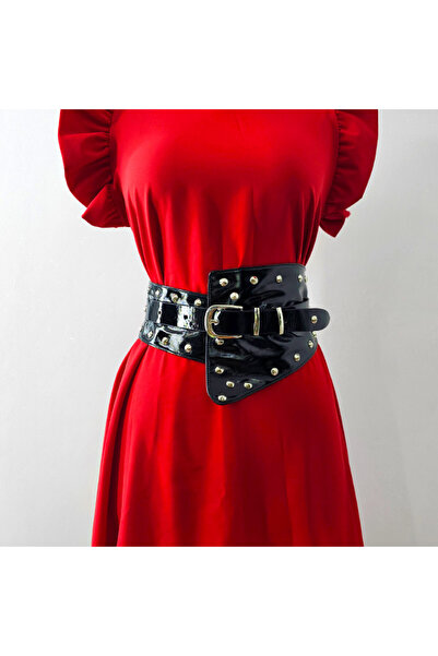 velve Centura corset cu catarama Teo Sky, elastica, cu note lucioase si detalii metalice, Negru