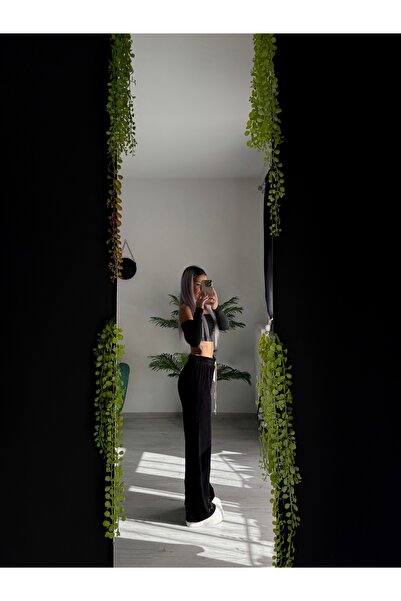 by SLA boutique Pantaloni wide leg din velur subțire cu talie elastică și șnur