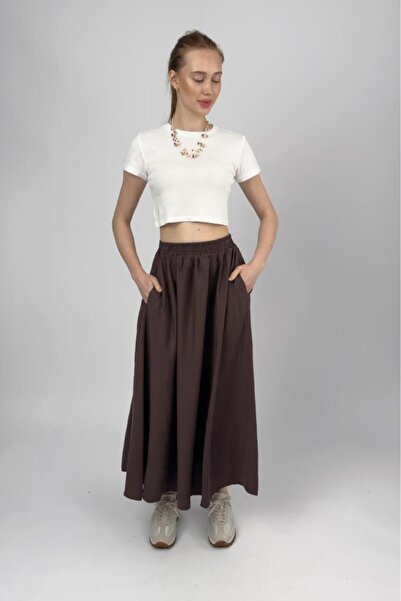 Betimoda Women's Elastic Waist Midi Skirt with Pockets Brown